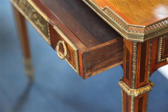 A Louis XVI style harewood and purple heart centre table, W.2ft 7.5in. D.1ft 9in. H.2ft 5in.